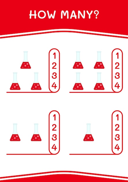 Quanti di giochi di boccette di chimica per bambini foglio di lavoro stampabile con illustrazione vettoriale