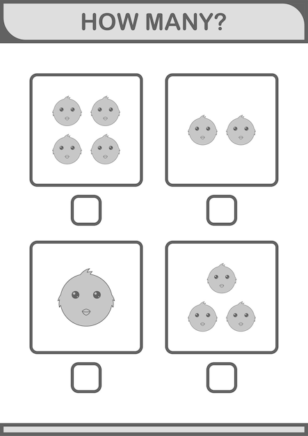 어린이를 위한 얼마나 많은 닭 얼굴 워크시트