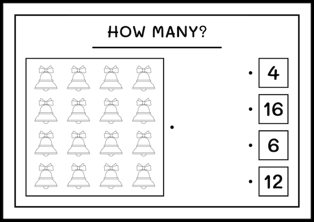 クリスマスの鐘の数、子供向けのゲーム。ベクトルイラスト、印刷可能なワークシート