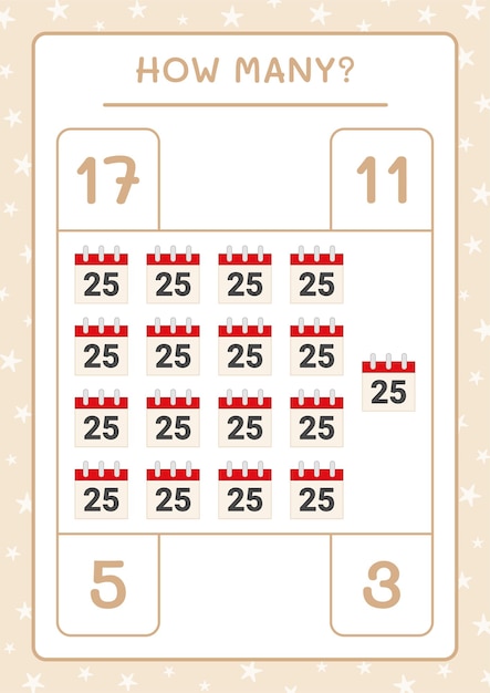 How many christmas calendar, game for children. Vector illustration, printable worksheet