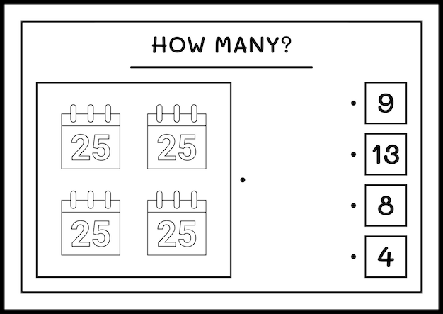 Quanti calendario di natale, gioco per bambini. illustrazione vettoriale, foglio di lavoro stampabile