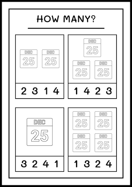 How many christmas calendar, game for children. vector illustration, printable worksheet