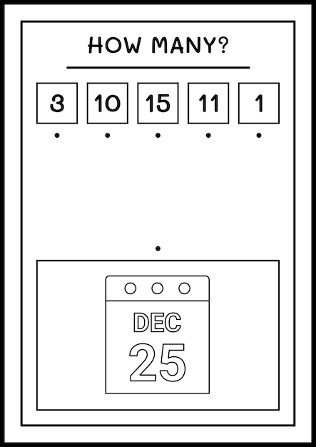 얼마나 많은 크리스마스 달력, 어린이를 위한 게임. 벡터 일러스트 레이 션, 인쇄용 워크시트