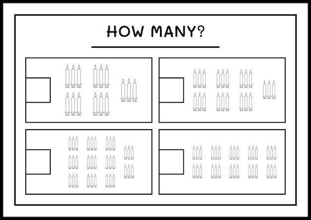 Сколько рождественских свечей, игра для детей. Векторная иллюстрация, лист для печати