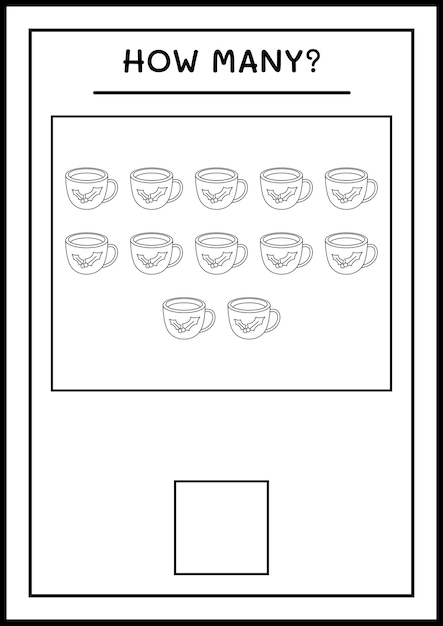 Quante tazze di natale, gioco per bambini. illustrazione vettoriale, foglio di lavoro stampabile