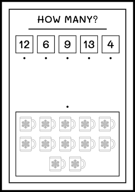 얼마나 많은 크리스마스 머그잔, 어린이용 게임. 벡터 일러스트 레이 션, 인쇄용 워크시트