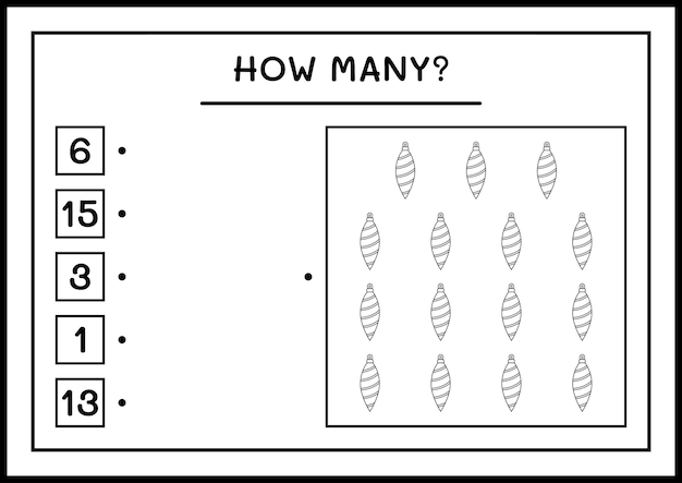 얼마나 많은 크리스마스 장식, 어린이를 위한 게임. 벡터 일러스트 레이 션, 인쇄용 워크시트