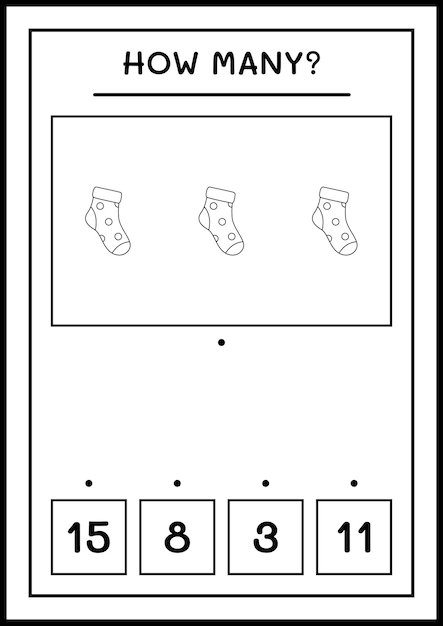 Сколько новогодних носков, игра для детей. Векторные иллюстрации, лист для печати