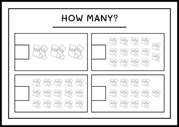 Сколько новогодних носков, игра для детей. векторная иллюстрация, лист для печати