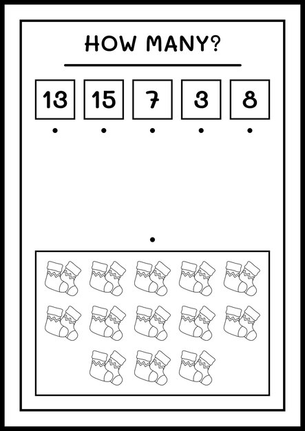 얼마나 많은 크리스마스 양말, 어린이용 게임. 벡터 일러스트 레이 션, 인쇄용 워크시트