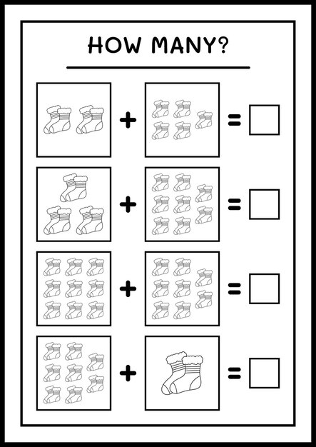 Сколько новогодних носков, игра для детей. векторная иллюстрация, лист для печати