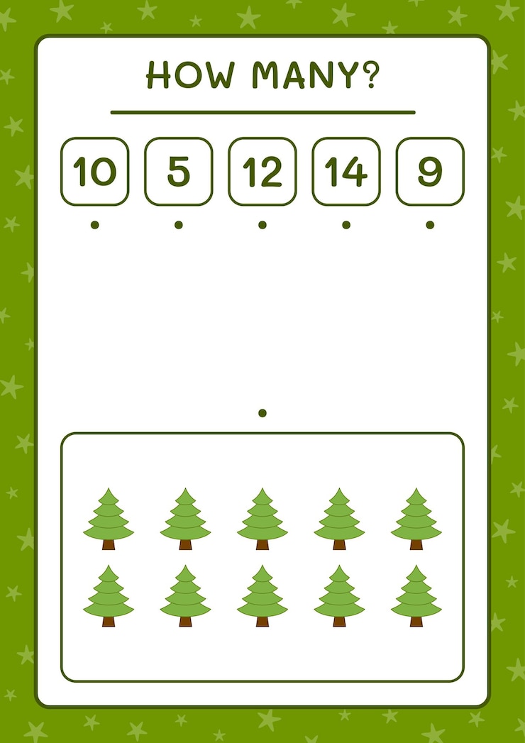 Vector how many christmas tree, game for children. vector illustration, printable worksheet