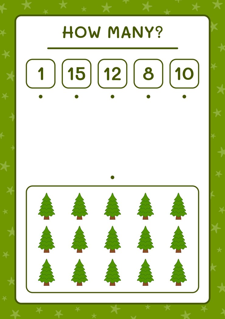 Vector how many christmas tree, game for children. vector illustration, printable worksheet