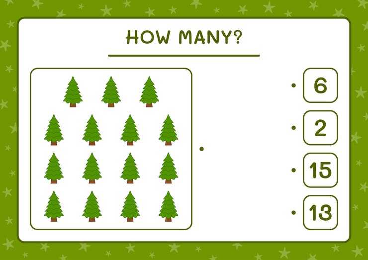Vector how many christmas tree, game for children. vector illustration, printable worksheet