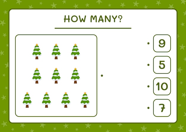 How many christmas tree, game for children. Vector illustration, printable worksheet