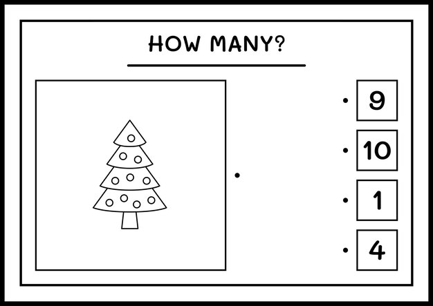 How many christmas tree, game for children. Vector illustration, printable worksheet