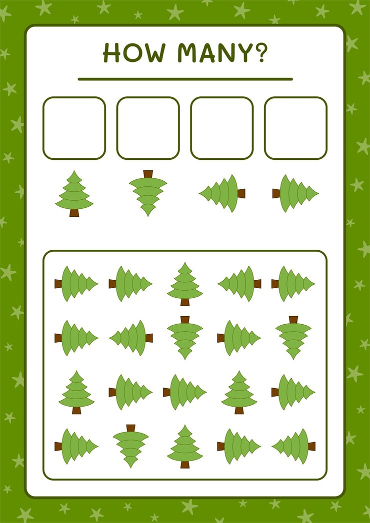 Vector how many christmas tree, game for children. vector illustration, printable worksheet
