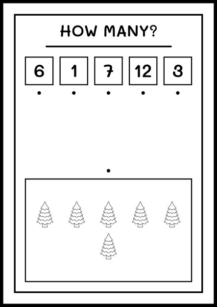 いくつのクリスマスツリー、子供向けのゲーム。ベクトルイラスト、印刷可能なワークシート