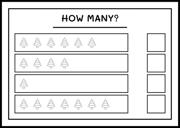 いくつのクリスマスツリー、子供向けのゲーム。ベクトルイラスト、印刷可能なワークシート