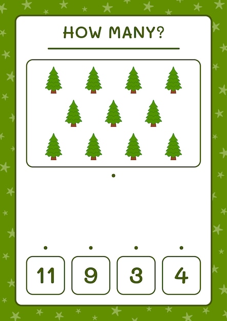 クリスマスツリーの数、子供向けのゲーム。ベクトルイラスト、印刷可能なワークシート