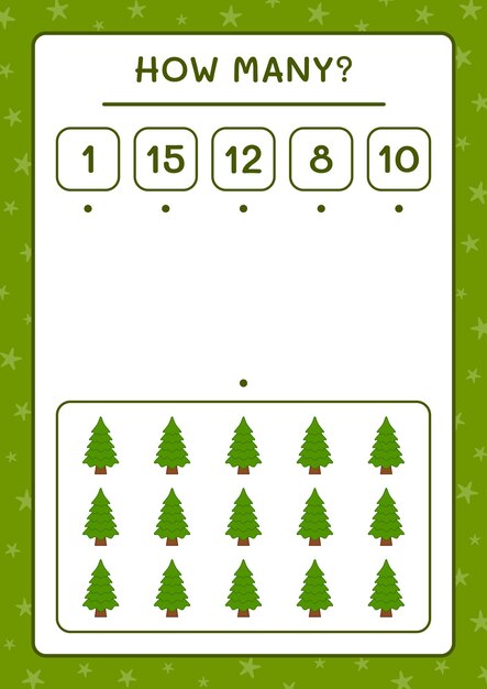 クリスマスツリーの数、子供向けのゲーム。ベクトルイラスト、印刷可能なワークシート