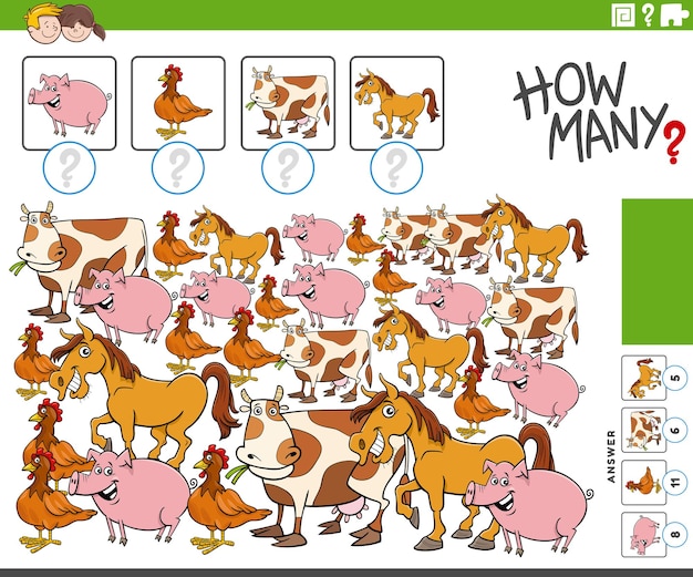 how many counting activity with cartoon farm animals