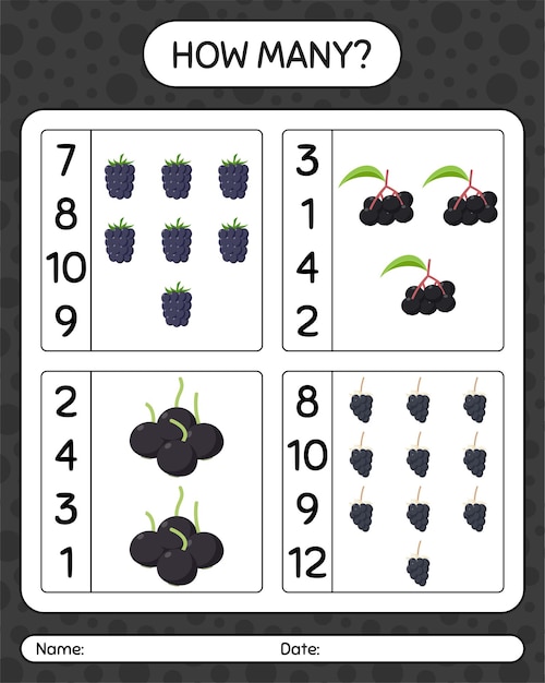 Quanti contando banana, mora, mora, sambuco. foglio di lavoro per bambini in età prescolare, foglio di attività per bambini, foglio di lavoro stampabile