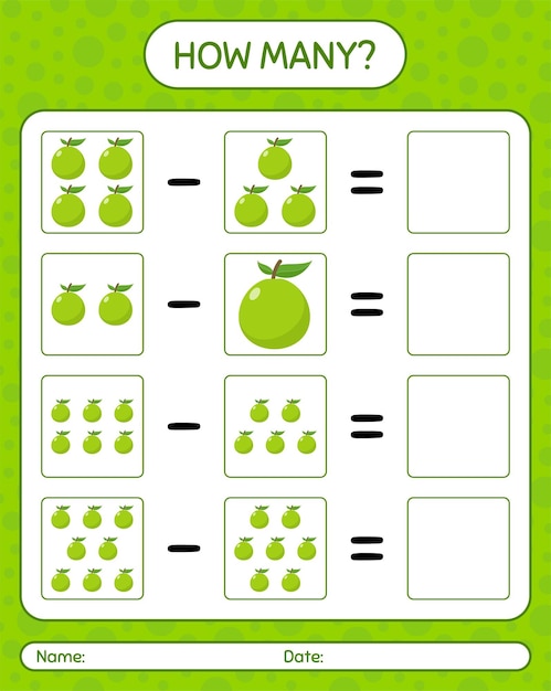 얼마나 많은 계산 게임 구아바. 미취학 아동을위한 워크 시트, 아동 활동 시트, 인쇄 가능한 워크 시트