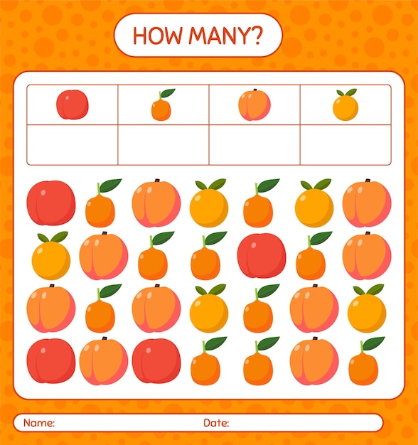 Vector how many counting game imbe, peach, orange, nectarine. worksheet for preschool kids, kids activity sheet, printable worksheet