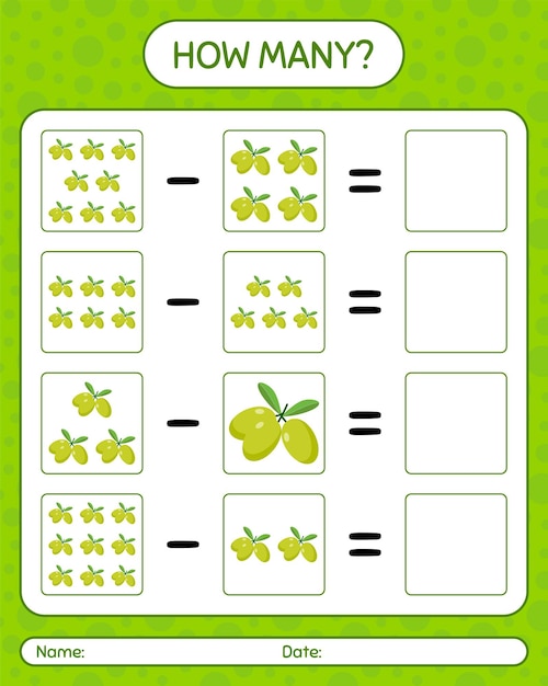 How many counting game olive. worksheet for preschool kids, kids activity sheet, printable worksheet