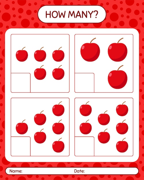 How many counting game with apple worksheet for preschool kids 