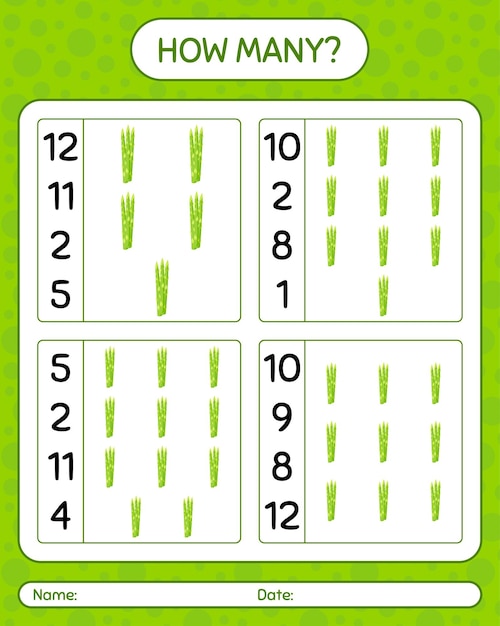 Vector how many counting game with asparagus. worksheet for preschool kids, kids activity sheet, printable worksheet