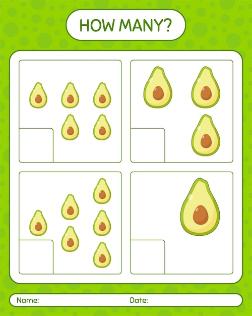 How many counting game with avocado worksheet for preschool kids 