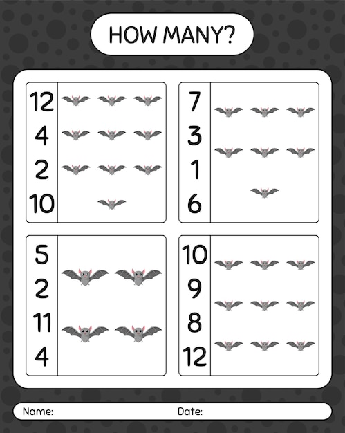 박쥐와 얼마나 많은 계산 게임. 미취학 아동을 위한 워크시트, 어린이 활동 시트