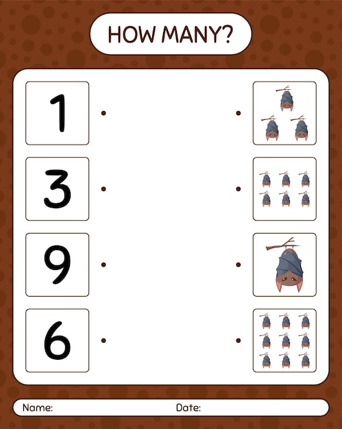 How many counting game with bat. worksheet for preschool kids, kids activity sheet