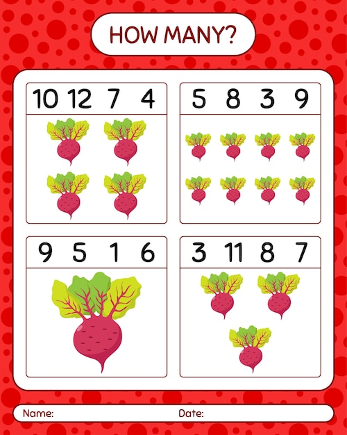 How many counting game with beet root. worksheet for preschool kids, kids activity sheet, printable worksheet