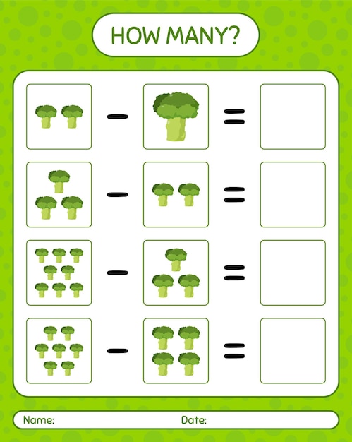 How many counting game with broccoli. worksheet for preschool kids, kids activity sheet, printable worksheet