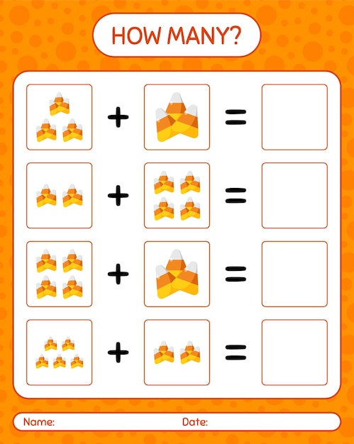 How many counting game with candy corn. worksheet for preschool kids, kids activity sheet