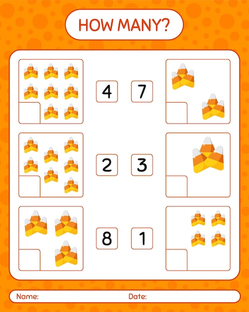 How many counting game with candy corn. worksheet for preschool kids, kids activity sheet