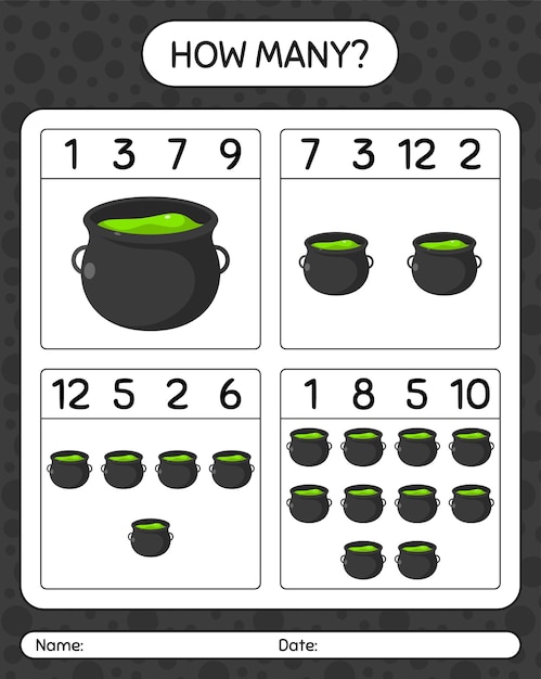 How many counting game with cauldron. worksheet for preschool kids, kids activity sheet