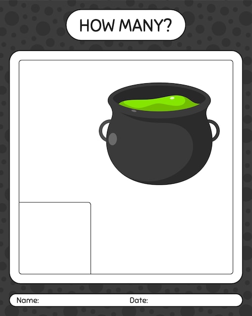 How many counting game with cauldron. worksheet for preschool kids, kids activity sheet