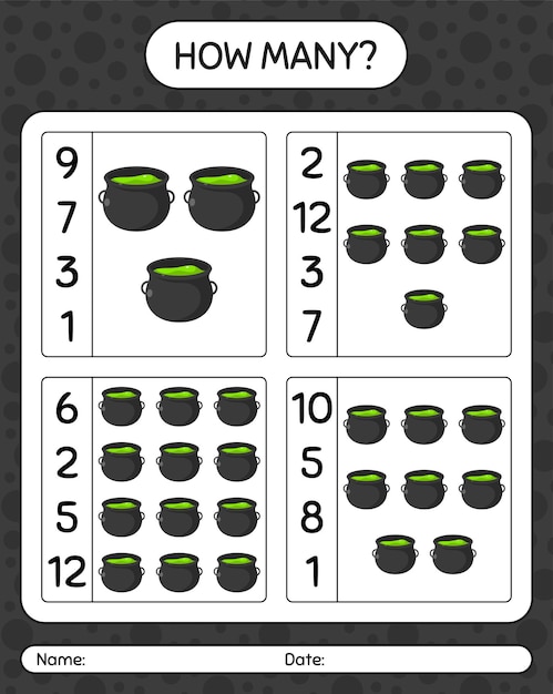 How many counting game with cauldron. worksheet for preschool kids, kids activity sheet