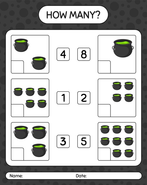 How many counting game with cauldron. worksheet for preschool kids, kids activity sheet