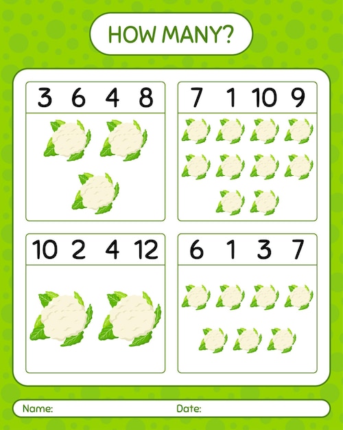 How many counting game with cauliflower. worksheet for preschool kids, kids activity sheet, printable worksheet