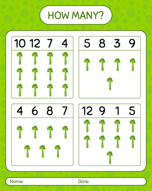 セロリを使ったカウントゲームの数。就学前の子供のためのワークシート、子供向けアクティビティシート、印刷可能なワークシート