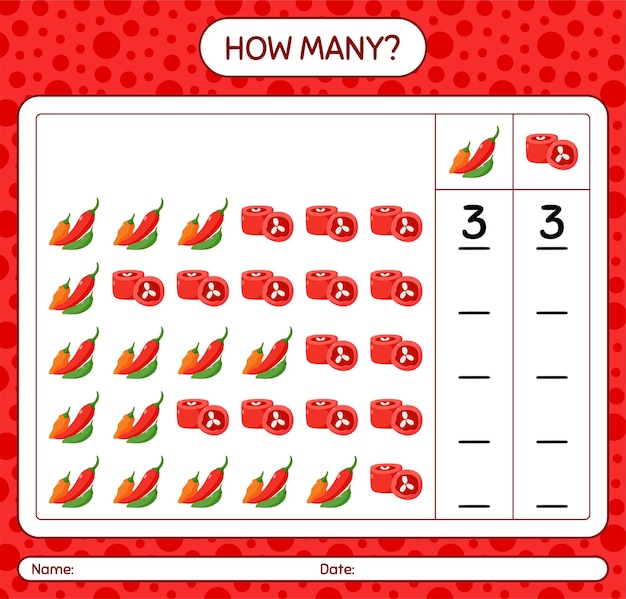 How many counting game with chili pepper. worksheet for preschool kids, kids activity sheet, printable worksheet