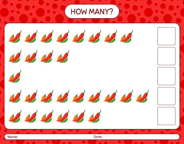 칠리 페퍼로 몇 번의 계산 게임. 미취학 아동을위한 워크 시트, 아동 활동 시트, 인쇄 가능한 워크 시트