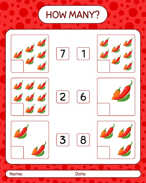 how many counting game with chili pepper. worksheet for preschool kids, kids activity sheet