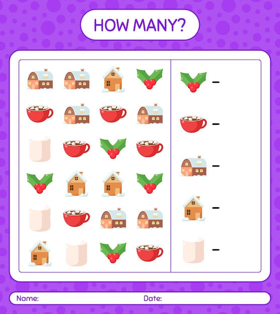 How many counting game with christmas icon. worksheet for preschool kids, kids activity sheet