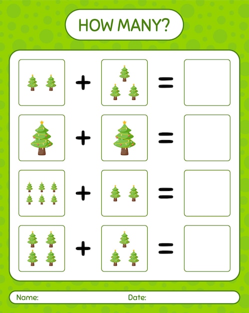 크리스마스 트리와 함께 얼마나 많은 계산 게임. 미취학 아동을 위한 워크시트, 어린이 활동 시트